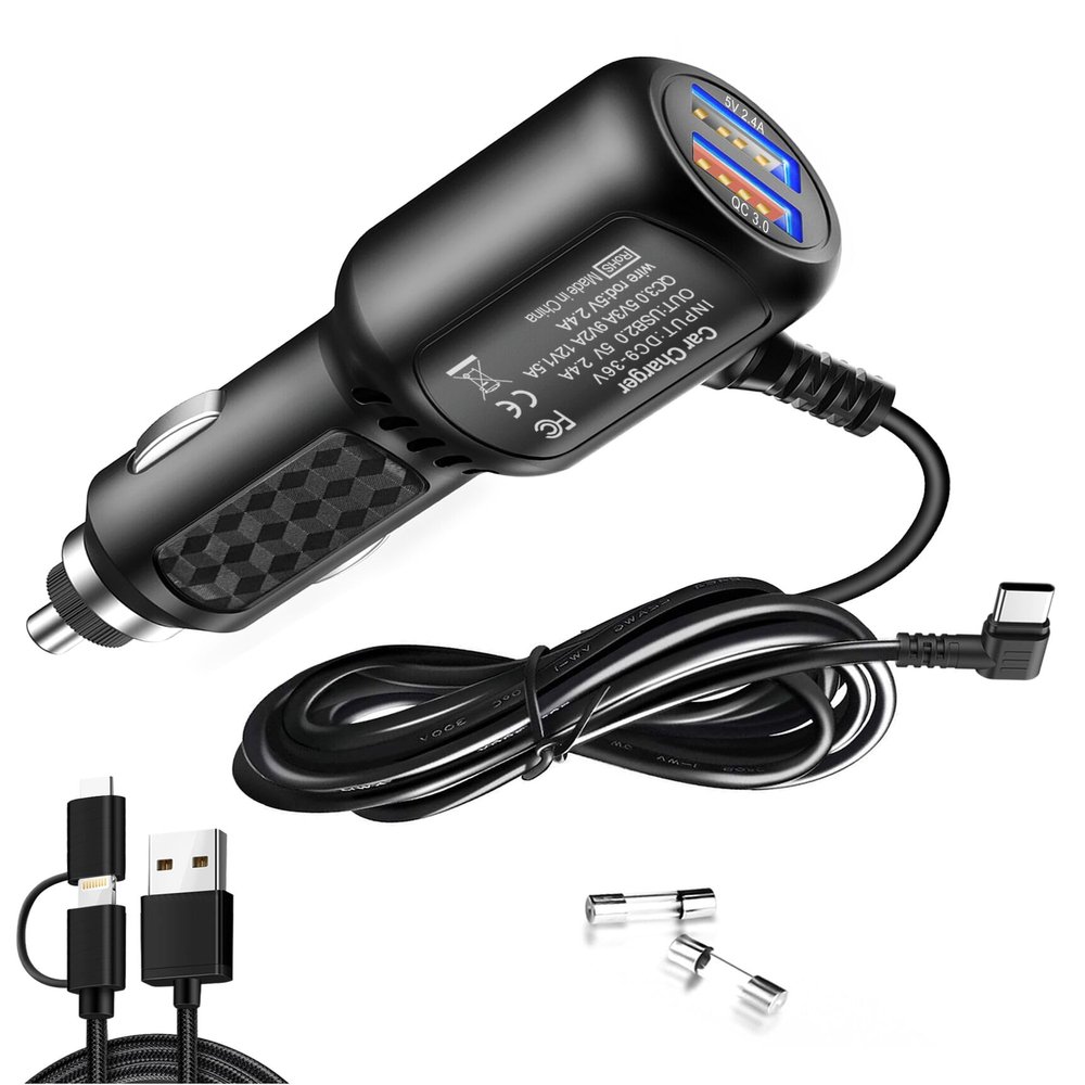USB C Dash Cam Charger,Dual Port USB Vehicle Fast Charging Cord 11.5FT