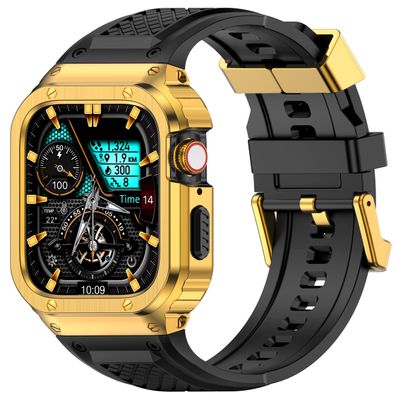 Deczone Band with Stainless Steel Case Compatible with Apple Watch Series 9 8 7 45mm Band, iwatch Bands Rugged Metal Protective Cover for Men (Gold)