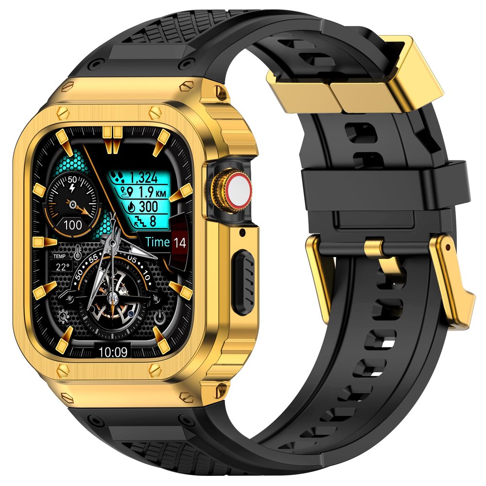 Deczone Band with Stainless Steel Case Compatible with Apple Watch Series 9 8 7 45mm Band, iwatch Bands Rugged Metal Protective Cover for Men (Gold)