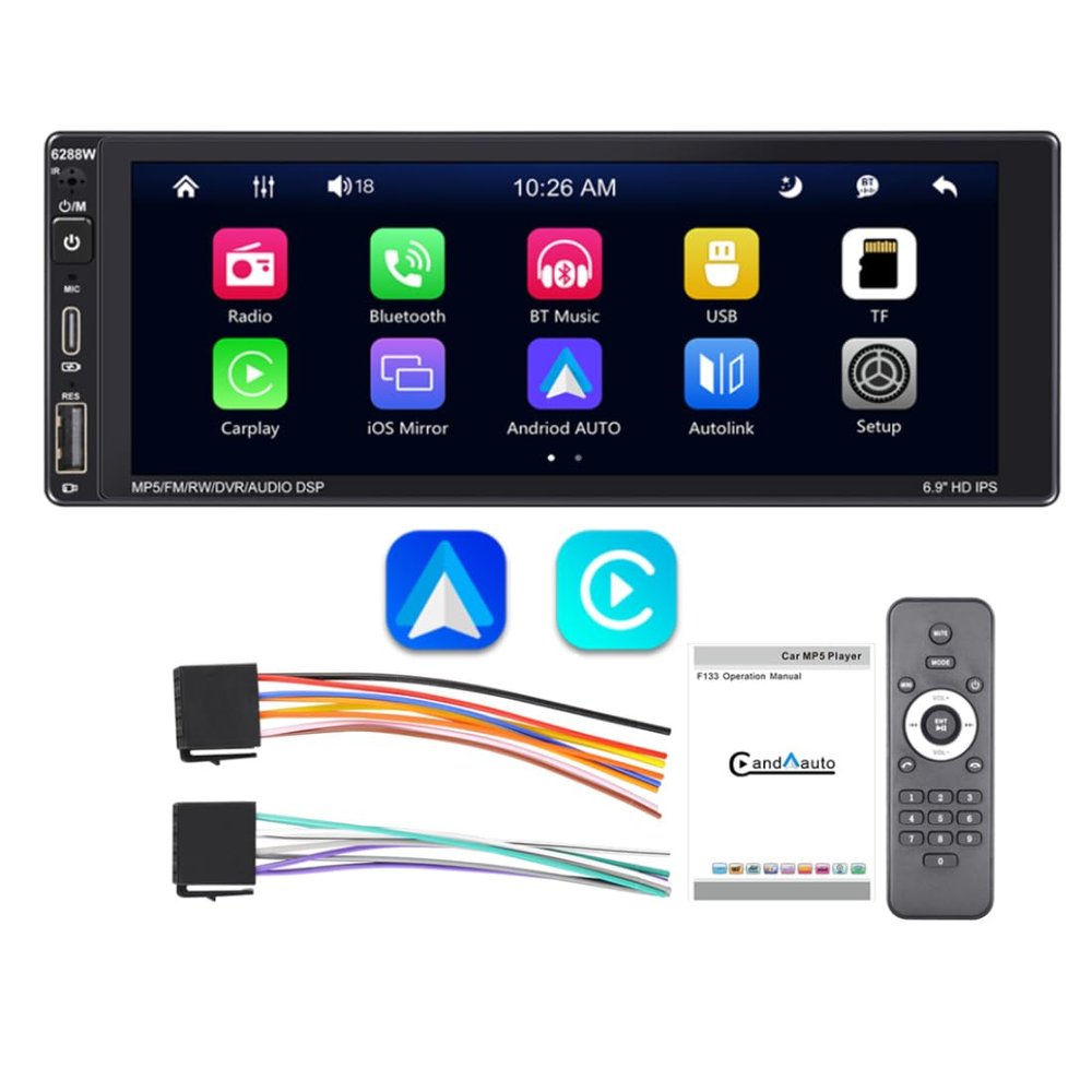 1Din Car Radio Wireless Carplay & Android Auto Car MP5 Player 6.9-inch IPS Touch Screen Smart Voice Mirror Link Car Stereo with Bluetooth/FM/RDS/AM/USB Type-C