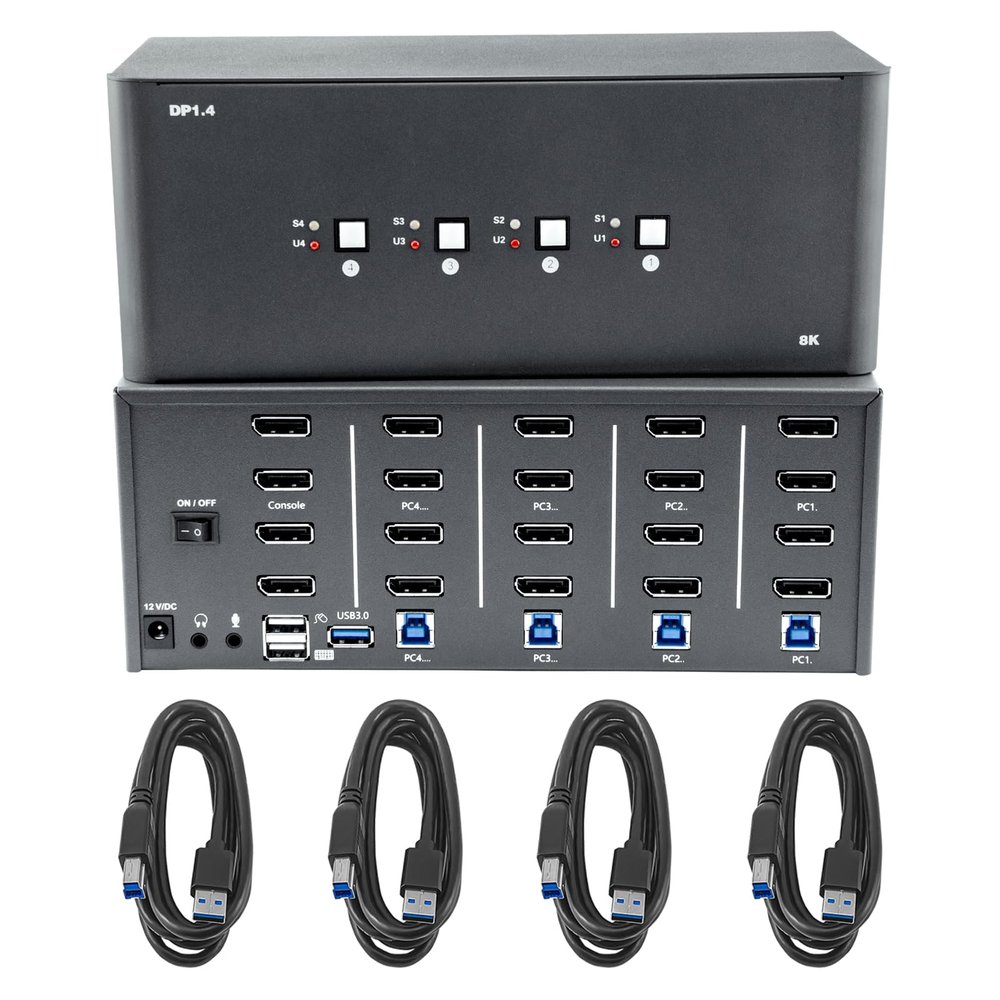 KVM Switch 4 Monitors 4 Computers, 8k Displayport Switch with USB 3.0, Jack, 4 Computers Share a Set of Keyboard, Mouse, Support Windows/Mac/Linux (Quad Monitor)