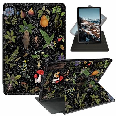 Case for 6" All-New Kindle (11th Generation-2022 Release), 360 Degree Smart Rotating Case Swivel Stand Soft Leather Cover with Auto Sleep/Wake for Kindle 11 2022/2023, Flowers Plants Mushrooms