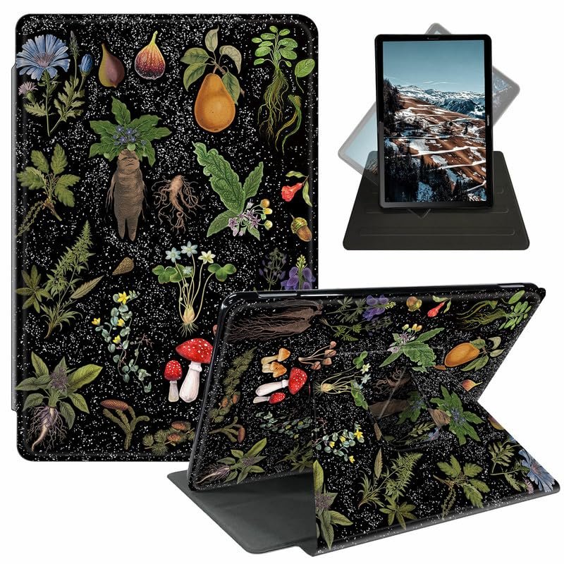 Case for 6" All-New Kindle (11th Generation-2022 Release), 360 Degree Smart Rotating Case Swivel Stand Soft Leather Cover with Auto Sleep/Wake for Kindle 11 2022/2023, Flowers Plants Mushrooms