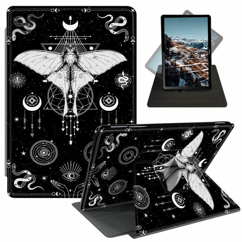 Case for 6" All-New Kindle (11th Generation-2022 Release), 360 Degree Smart Rotating Case Swivel Stand Soft Leather Cover with Auto Sleep/Wake for Kindle 11 2022/2023, Astrology Moth Moon Snake