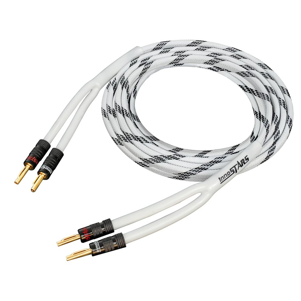 InnoStars 14 AWG Speaker Cable Wire with Banana Plugs (35 Feet - 10.7 Meter) - 99.99% OFC Copper, Gold Plated Tips, in-Wall CL2 Rated - White, 35 Ft