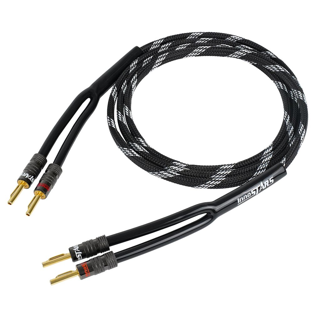 InnoStars 14AWG Premium Speaker Wire Cable (3 Feet), Heavy Duty Braided Speaker Cable Wire with Dual Gold Plated Banana Plug Tips - 99.99% Oxygen-Free Copper (OFC) - in-Wall CL2 - Black, 3ft