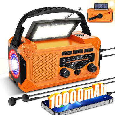 10000mAh Emergency Weather Radio with Wireless Speaker, 37000mWh NOAA/AM/FM Hand Crank Solar Radio with Flashlight Cell, Phone Charger, Compass, Reading Lamp, SOS Alarm