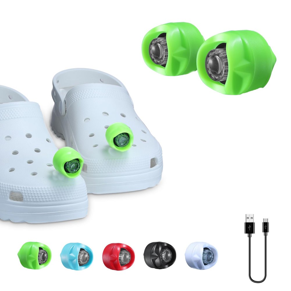 RAHAN 2pcs Rechargeable Headlights for Shoe Charm Accessories,Flashlights Attachment for Shoe, LED Clogs Light with 3 Light Modes for Dog Walking, Camping, Running, Suitable for Adults Kids, Green