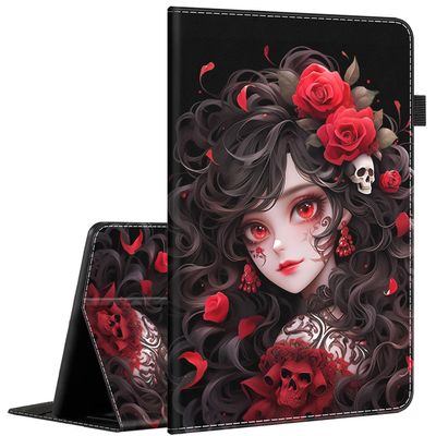 Case Fits Amazon Kindle Fire HD 8 & 8 Plus Tablet (12th Generation/10th Generation, 2022/2020 Release) 8, Multi-Angle Smart Stand Cover Auto Sleep/WakeRose Girl Skull