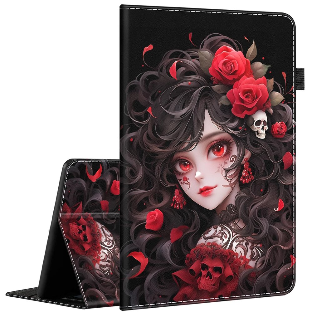 Case Fits Amazon Kindle Fire HD 8 & 8 Plus Tablet (12th Generation/10th Generation, 2022/2020 Release) 8, Multi-Angle Smart Stand Cover Auto Sleep/WakeRose Girl Skull