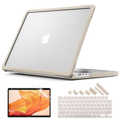 Batianda 4-in-1 Ultimate Case for New MacBook Pro 16 inch 2024 M4 Chip 2023 2021 Release M3 M2 M1 Pro/Max -Matte Translucent Rugged Armor Shell with Carbon Fiber Texture Grip Shockproof Bumper Khaki
