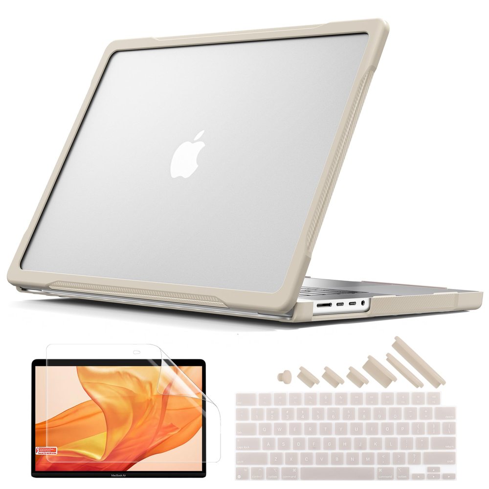 Batianda 4-in-1 Ultimate Case for New MacBook Pro 16 inch 2024 M4 Chip 2023 2021 Release M3 M2 M1 Pro/Max -Matte Translucent Rugged Armor Shell with Carbon Fiber Texture Grip Shockproof Bumper Khaki