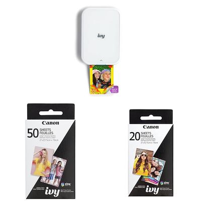 Canon Ivy 2 Mini Photo Printer, Print from Compatible iOS & Android Devices, Sticky-Back Prints, Pure White & Zink Photo Paper Pack, 50 Sheets & Zink Photo Paper Pack, 20 Sheets, White, 2" X 3".