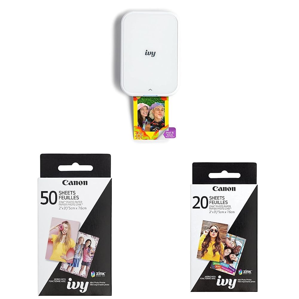 Canon Ivy 2 Mini Photo Printer, Print from Compatible iOS & Android Devices, Sticky-Back Prints, Pure White & Zink Photo Paper Pack, 50 Sheets & Zink Photo Paper Pack, 20 Sheets, White, 2" X 3".