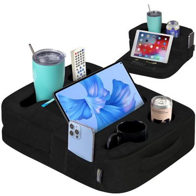 TabCouchCaddy - Couch Cup Holder Tray Pillow - Bed, Couch Caddy, Sofa, RV & Car - Holds Drinks, Snacks, Remotes, Phones, Kindle, Tablet | Bed Cup Holder (Black)