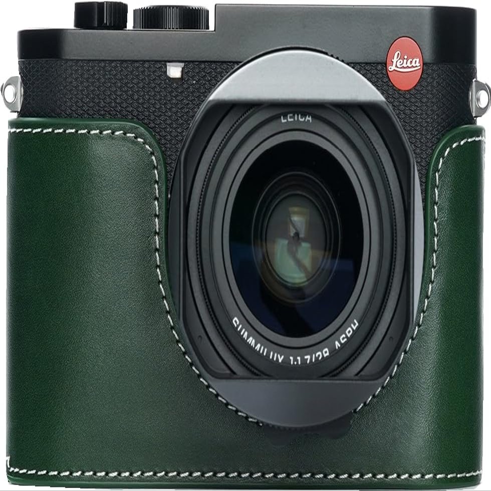 Camera Case for Leica Q3, BMAOLLONGB Handmade Genuine Real Leather Half Camera Case Bag Cover for Leica Q3 Camera Bottom Opening Version + Hand Strap (Green)