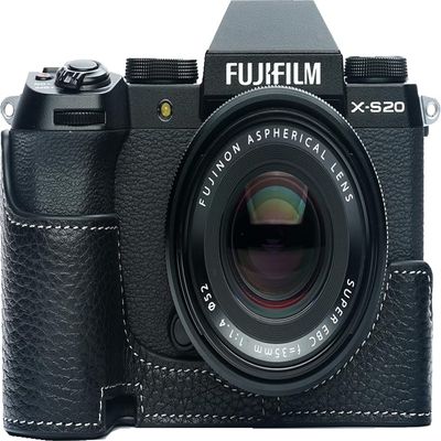 BMAOLLONGB X-S20 Camera Case, Handmade Genuine Real Leather Half Camera Case Bag Cover for Fujifilm X-S20 XS20 Camera Bottom Opening Version + Hand Strap (Black)