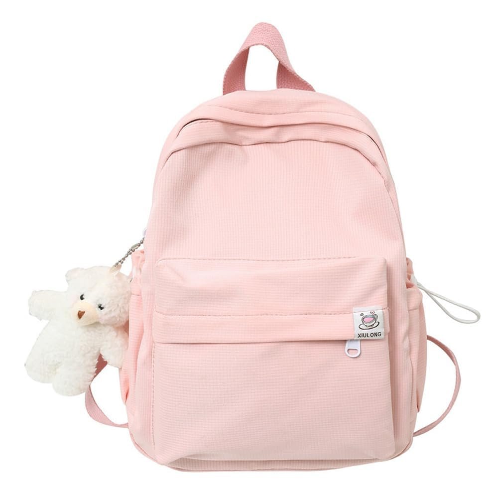 ALTALIVA Aesthetic Backpack Mini Canvas Korean Backpack with Kawaii Accessories, Laptop Lightweight Travel Backpack for Women (Pink)