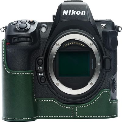 Z8 Camera Case, BMAOLLONGB Handmade Genuine Real Leather Half Camera Case Bag Cover for Nikon Z8 Camera Bottom Opening Version + Hand Strap (Green)