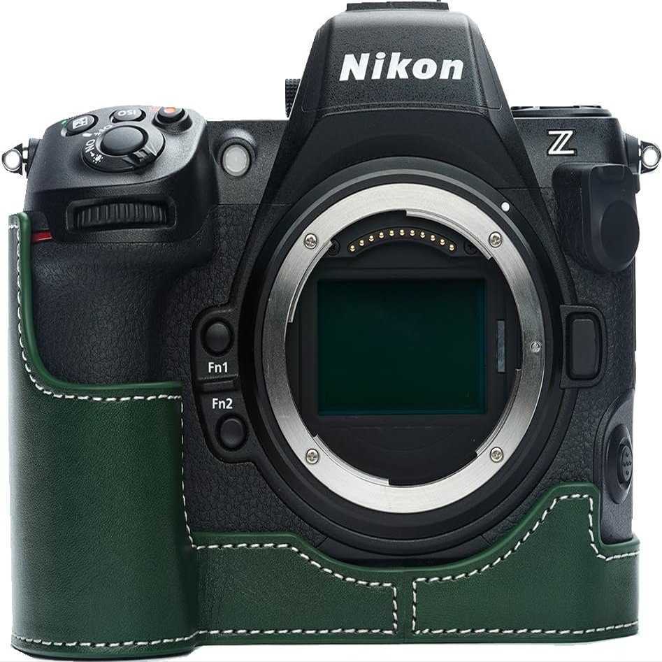Z8 Camera Case, BMAOLLONGB Handmade Genuine Real Leather Half Camera Case Bag Cover for Nikon Z8 Camera Bottom Opening Version + Hand Strap (Green)