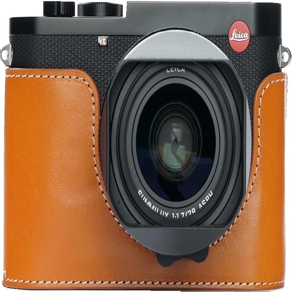 BMAOLLONGB Camera Case for Leica Q3, Handmade Genuine Real Leather Half Camera Case Bag Cover for Leica Q3 Camera Bottom Opening Version + Hand Strap (Yellow)
