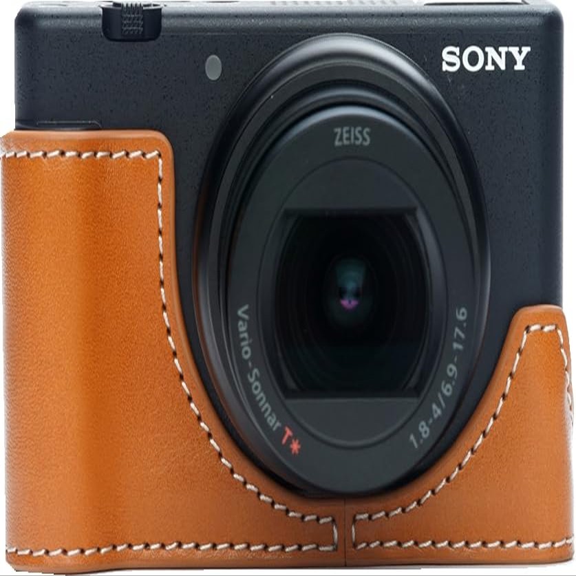 BMAOLLONGB ZV-1 Mark II Camera Case, Handmade Genuine Real Leather Half Camera Case Bag Cover for Sony ZV-1 Mark II ZV-1F ZV1F Camera Bottom Opening Version + Hand Strap (Yellow)