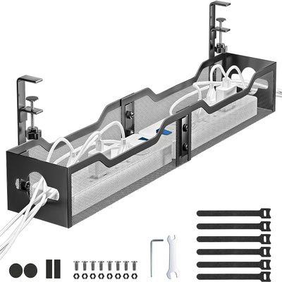 Under Desk Cable Management Tray Black, Litwaro Cable Management Under Desk No Drill, 25'' Cable Tray with Clamp for Wire Management, Cord Organizer for Office, Home - No Damage to Table