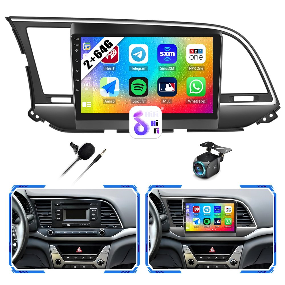 [2+64G] Android 13 Car Stereo for Hyundai Elantra 2016-2018 with Wireless Carplay&Android Auto,9 Inch Touch Screen Car Radio with GPS WiFi Bluetooth FM/RDS Radio SWC AUX-in+AHD Backup Camera