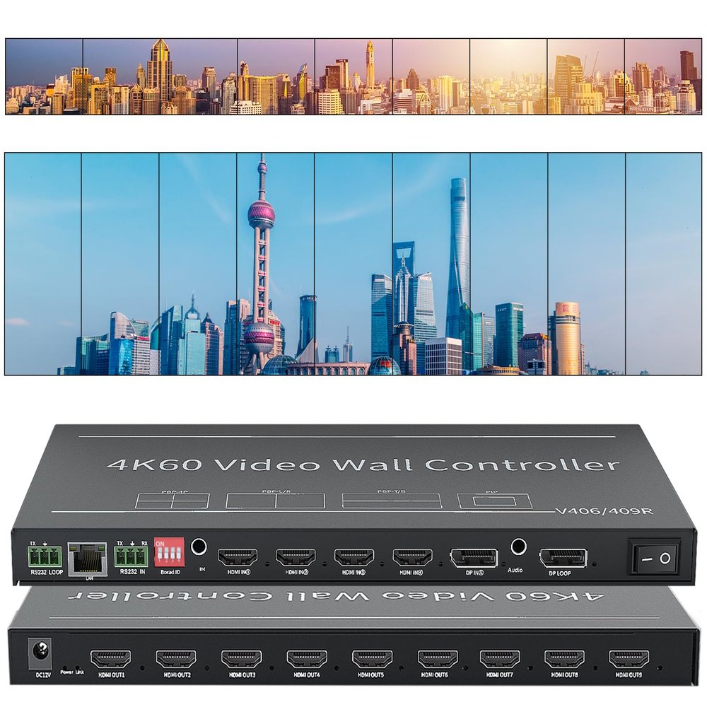5x9 Video Wall Controller 4K@60Hz 4 HDMI+1 DP Input /9 HDMI Output Compatible (3x3 2x2 2x3 9x1 2x4 1x6) a Variety of Splice Modes,RS232/ Remote Control,RJ45TCP Network Protocol