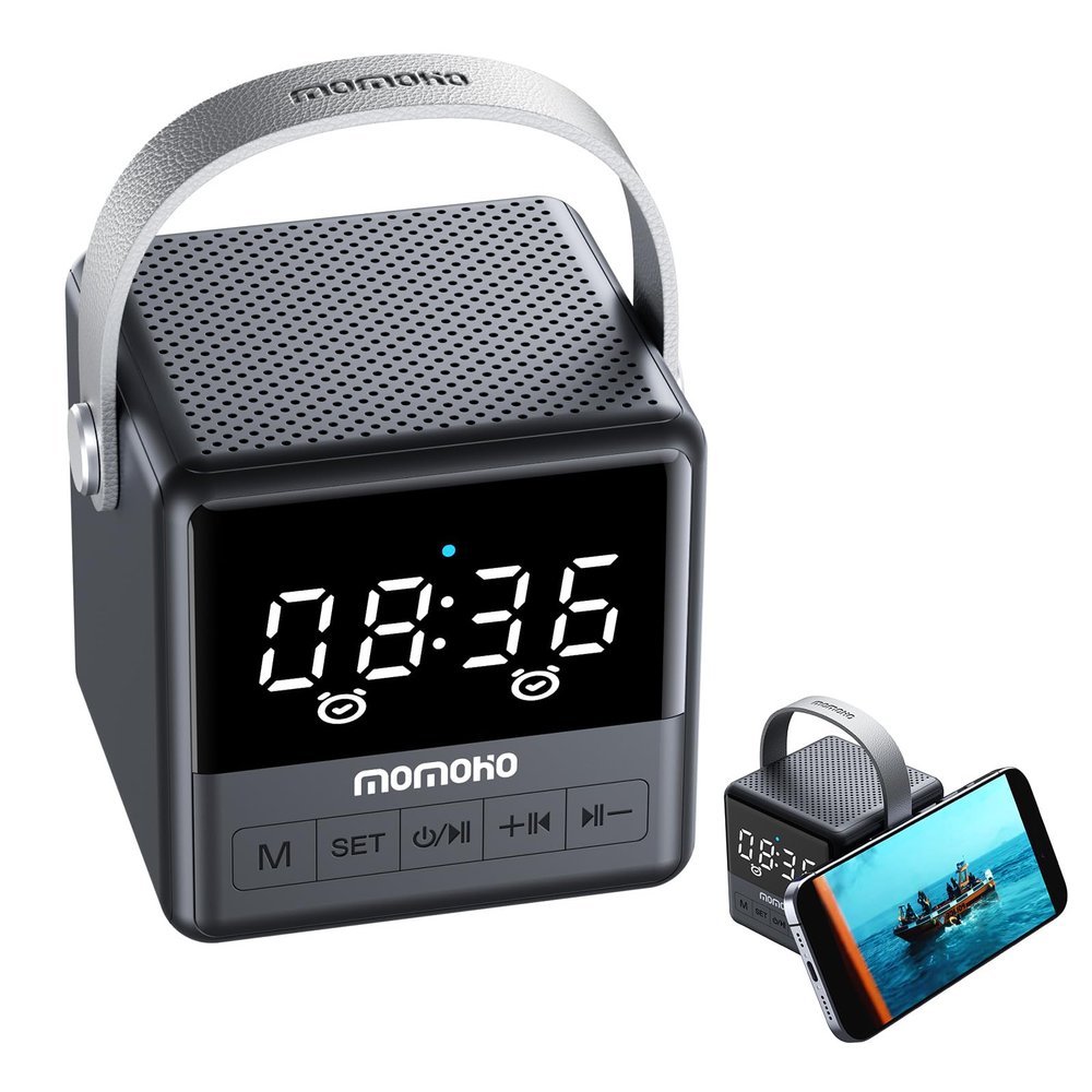 MOMOHO Portable Bluetooth Speaker with Time Display, Portable Wireless Speaker, TWS Stereo Sound, 50ft Bluetooth 5.2, TF Card/AUX Input, Hands-Free Calling, for Home, Outdoor, Travel (Black)