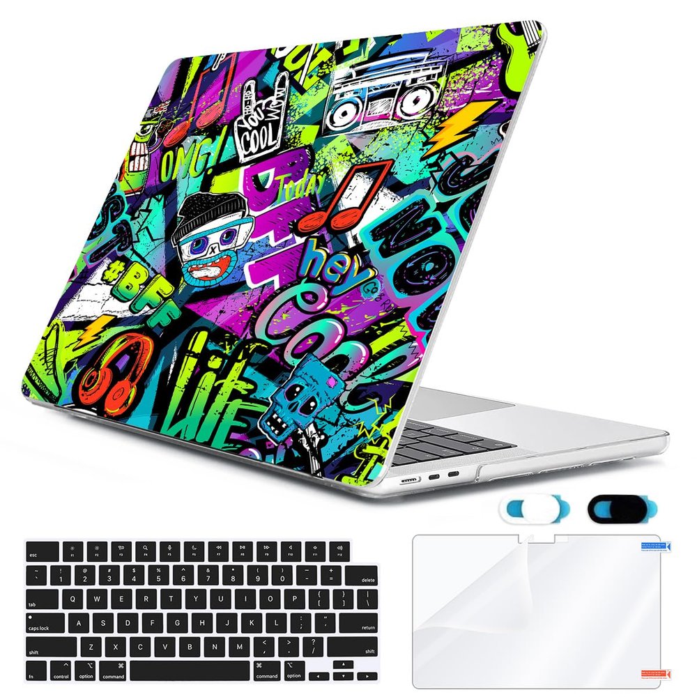 HOHAIYOO Compatible with MacBook Air 13 inch Case 2025 2024-2022 M4 A3240 M3 A3113 M2 A2681, Plastic Hard Shell&Keyboard Cover&Screen Film&Webcam Cover for MacBook Air 13.6 inch Case, Cool Graffiti