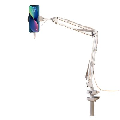 Overhead Mount Stand, Foldable Tablet Stand with Power Cord Buckle, Universal 360-Degree Rotatable, with Aluminum Arm, Hands-Free, for Youtube Live Stream Cooking Video Recordi(Size:phone,Color:white)