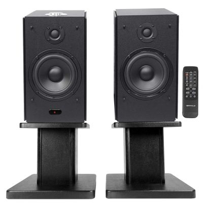 Rockville (2 HD5B 5" 150w RMS Powered Bluetooth Bookshelf Home Theater Speakers Bundle with (2) RHT8B Computer/Bookshelf Desktop Speaker/Studio Monitor Stands-Black (4 Items)