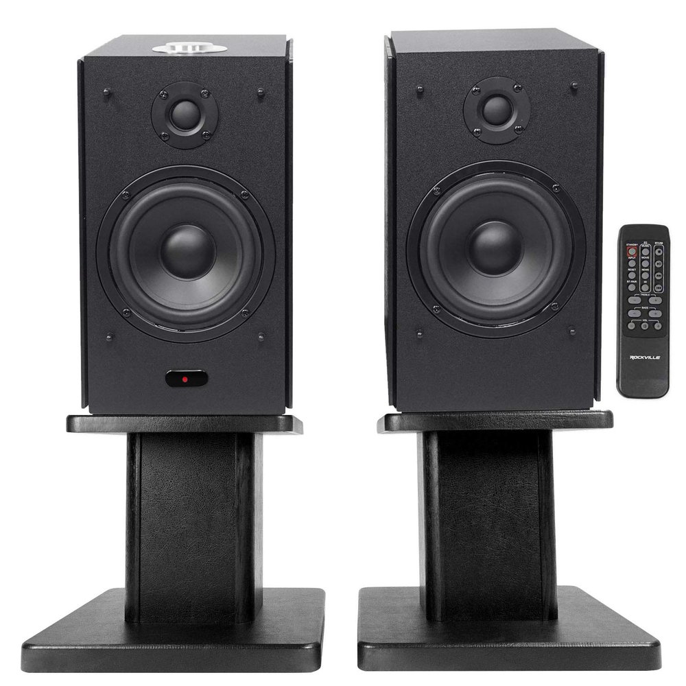 Rockville (2 HD5B 5" 150w RMS Powered Bluetooth Bookshelf Home Theater Speakers Bundle with (2) RHT8B Computer/Bookshelf Desktop Speaker/Studio Monitor Stands-Black (4 Items)