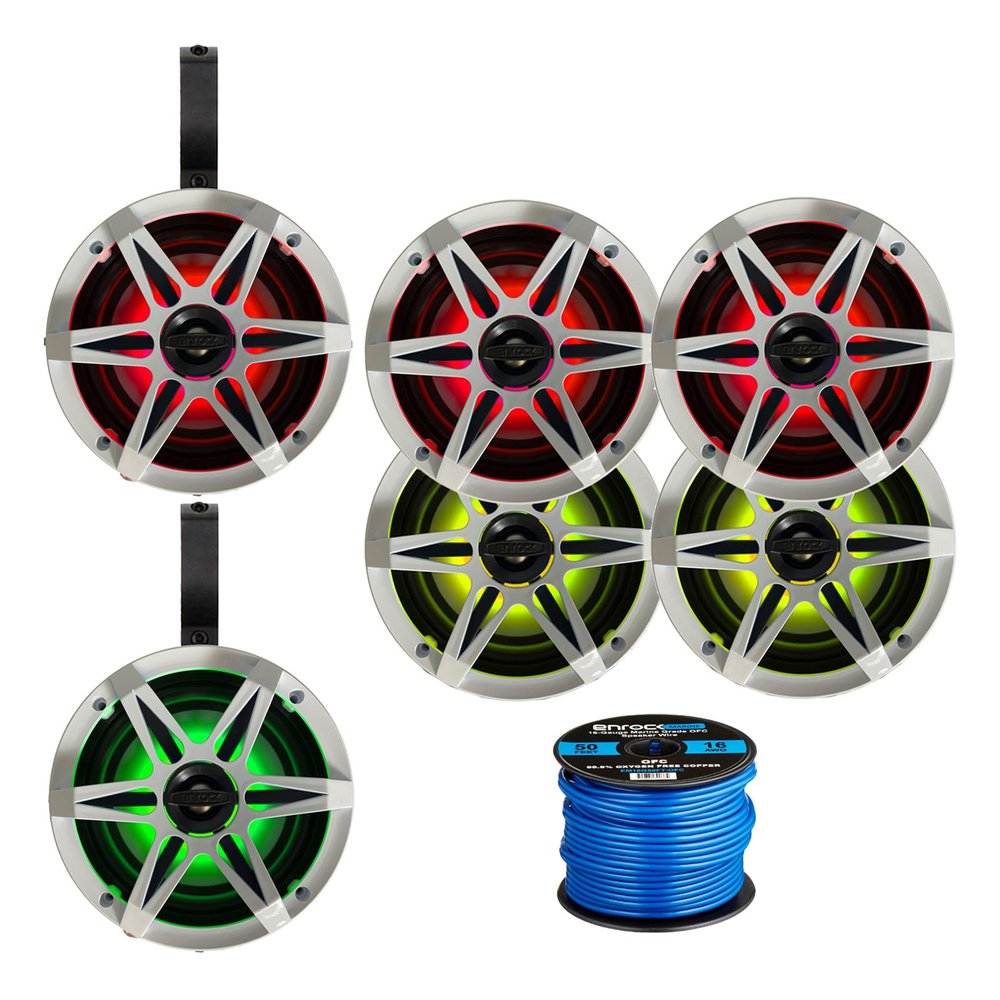 3 Pair (QTY6) of Enrock 6.5" 120 Watt Peak Power Max 2-Way Marine Audio Boat Speakers with Multicolor RGB LED Lighting, 6X White and Chrome Grilles, 2X 6.5 Black Unloaded Speaker Pods, 50ft Wire