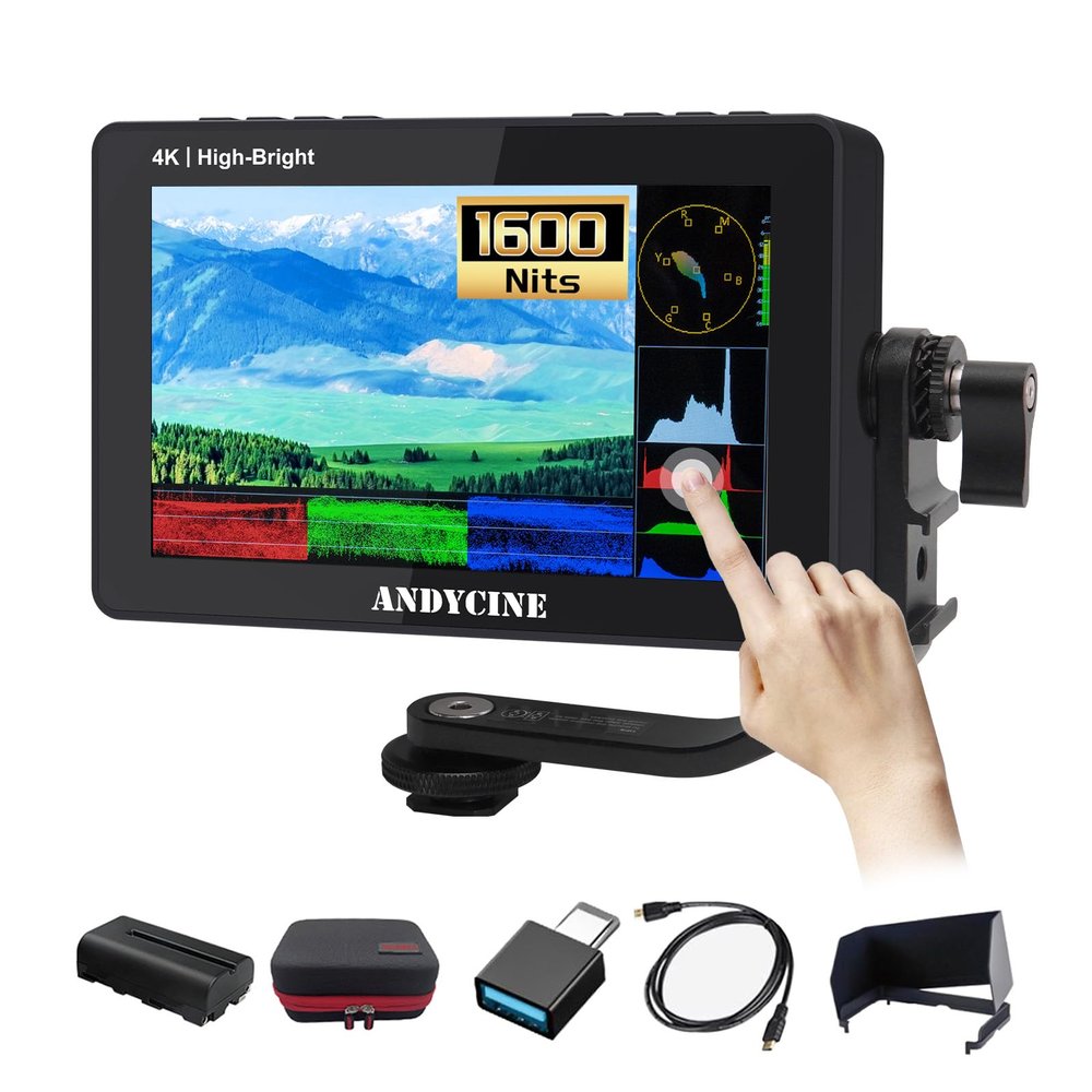 ANDYCINE A6 II 5.5 Inch 1600nits High BrightnessTouchscreen DLSR Camera Video Field Monitor Camera Focus Monitor Support Waveform 3D LUT,F970 External Plate(Battery,Carry Case Include Bundle)