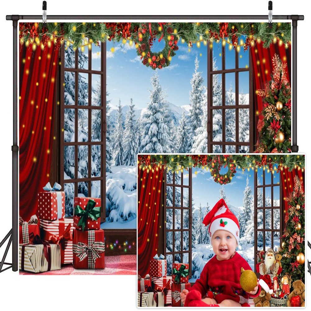 12x8ft Christmas Window Backdrop for Photography Winter Forest Ice and Snow World Background Winter Snow Forest Backdrop White Xmas Trees Backdrop Kids Baby Shower Christmas Party Decorations