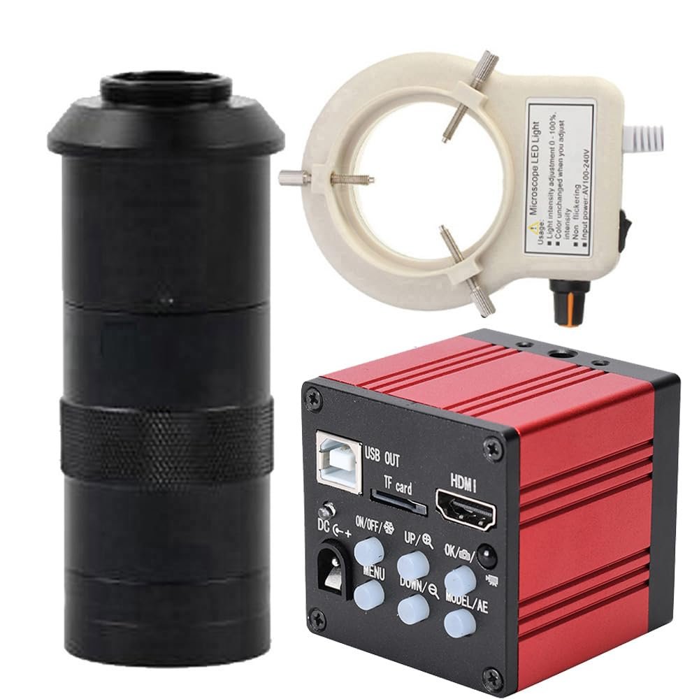 51MP Microscope Camera HDMI USB Industrial Electronic Digital Microscope & 100X C-Mount Lens Whit 56-LED Adjustable Ring Light
