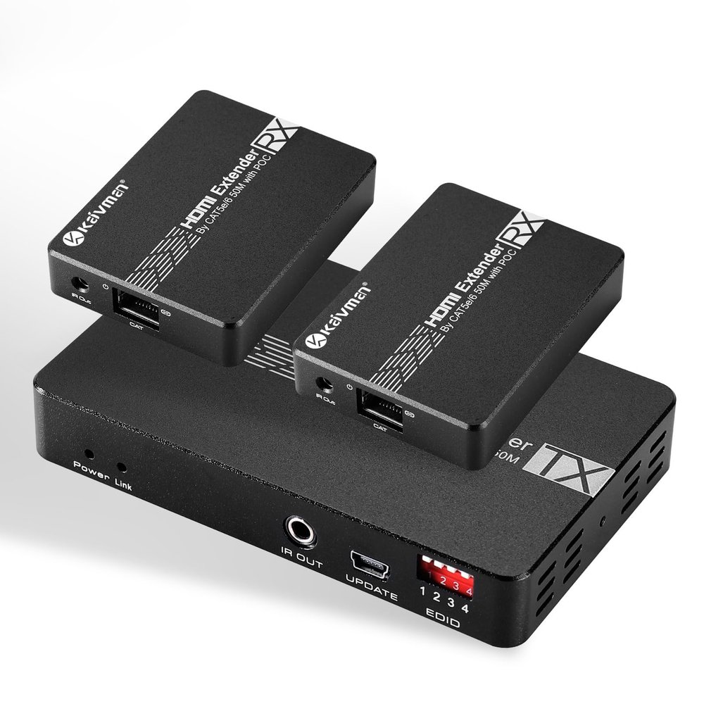 KAIVMAN HDMI Extender Over Ethernet, 1080P HDMI Extender Splitter Over Signal CAT6 Cable Up to 196ft, 1x2 HDMI Extender for Dual Monitor with IR Remote Control, Support USB Software Update, PoC, EDID