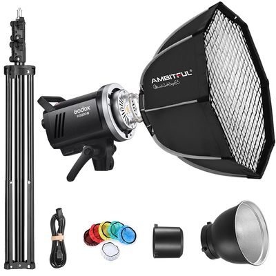 Godox MS300V Strobe Light Kit, 300W Studio Strobe Light, 2.4G Wireless System, Recycle Time 0.11.8S, Bowens Mount LED Modeling Lamp with QS65 Quick Installation Softbox + Light Stand