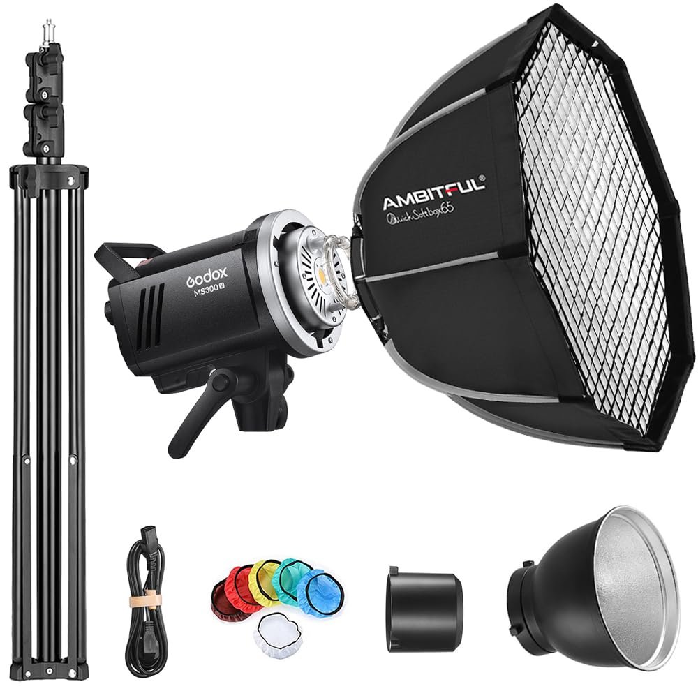Godox MS300V Strobe Light Kit, 300W Studio Strobe Light, 2.4G Wireless System, Recycle Time 0.11.8S, Bowens Mount LED Modeling Lamp with QS65 Quick Installation Softbox + Light Stand