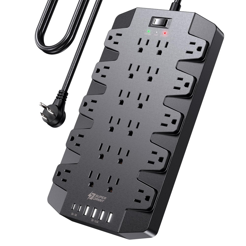 Power Strip, SUPERDANNY Surge Protector with 22 AC Outlets, 2 USB-C and 4 USB Ports, 1875W/15A, 2100J, 6.5Ft Extension Cord Surge Protector Power Strip with Wall Mount Holes for Home, Office, Dorm