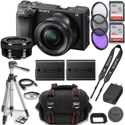 Sony a6400 Mirrorless Camera E PZ 16-50mm f/3.5-5.6 OSS Lens + 2X 64GB Memory + Tripod & More (20pc Bundle) (Renewed)