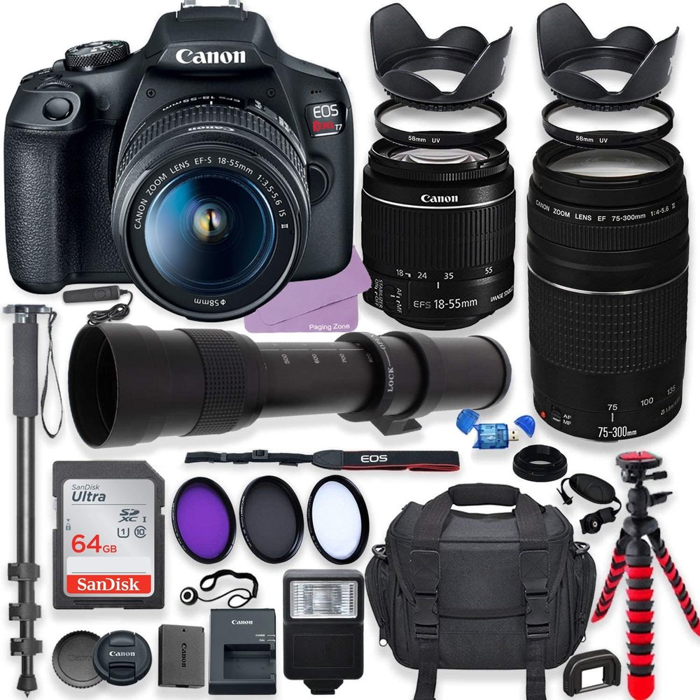 Canon EOS Rebel T7 DSLR Camera with 18-55mm and 75-300mm Lenses, 64GB Memory, Filters, Monopod and More (Renewed)