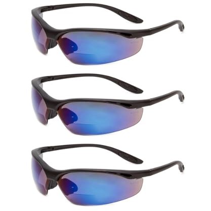 Calabria 91348 3 Pack Bulk Bifocal Reading Safety Glasses +3.00 Blue Mirror Men Women Wraparound Eye Protection Shatterproof