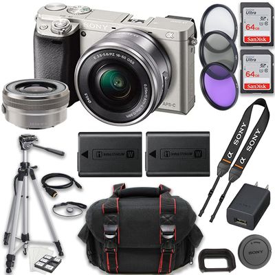 Sony a6400 Mirrorless Camera (Silver) E PZ 16-50mm f/3.5-5.6 OSS Lens + 2X 64GB Memory + Case + Tripod & More (20pc Bundle) (Renewed)