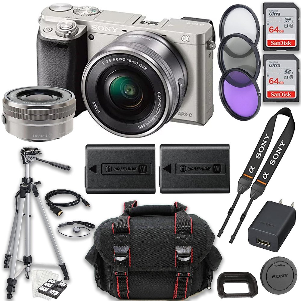 Sony a6400 Mirrorless Camera (Silver) E PZ 16-50mm f/3.5-5.6 OSS Lens + 2X 64GB Memory + Case + Tripod & More (20pc Bundle) (Renewed)