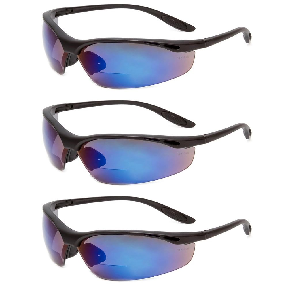 Calabria 91348 3 Pack Bulk Bifocal Reading Safety Glasses +1.50 Blue Mirror Men Women Wraparound Eye Protection Shatterproof