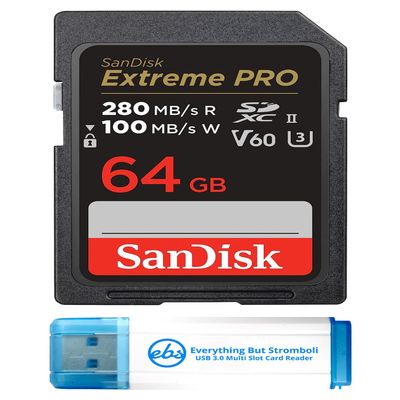 SanDisk 64GB SD Extreme Pro UHS-II Memory Card Works with Canon EOS R5, EOS R6 Mark II, EOS R6 Mirrorless Camera (SDSDXEP-064G-GN4IN) Bundle with 1 Everything But Stromboli 3.0 Micro & SD Card Reader