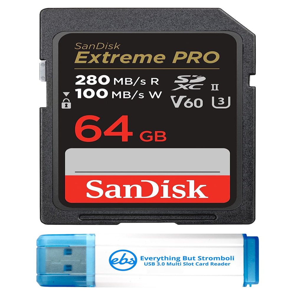 SanDisk 64GB SD Extreme Pro UHS-II Memory Card Works with Canon EOS R5, EOS R6 Mark II, EOS R6 Mirrorless Camera (SDSDXEP-064G-GN4IN) Bundle with 1 Everything But Stromboli 3.0 Micro & SD Card Reader